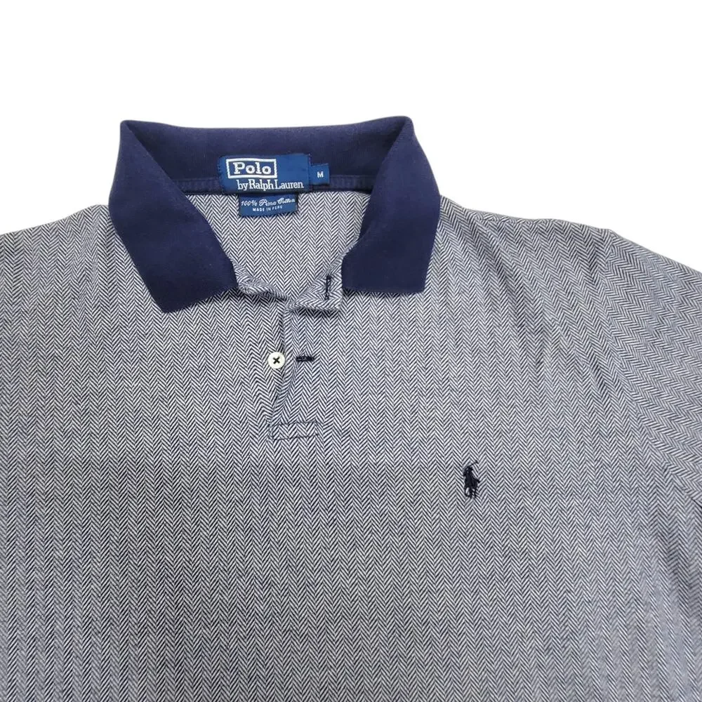 Polo Ralph Lauren Mens Medium Blue Herringbone Pima Cotton Short Sleeve Polo